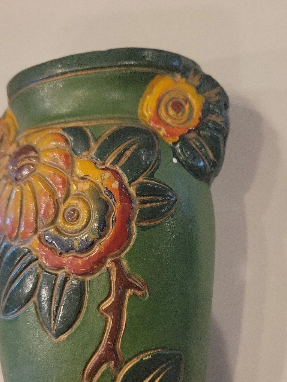 Vintage Green Floral Wall Pocket Vase with Raised Yellow Flowers
